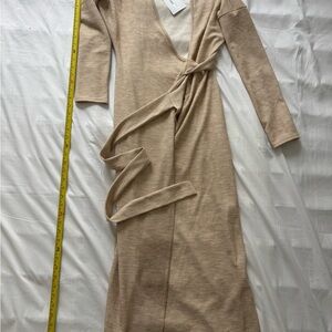 Beige Long-Sleeve Ribbed Wrap Maxi Dress with Tie Waist